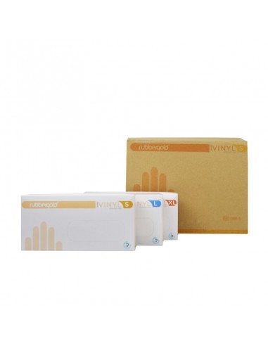 Caja de 10 dispensadores Guante de vinilo sin polvo Rubbergold, 100 uds. Iberomed